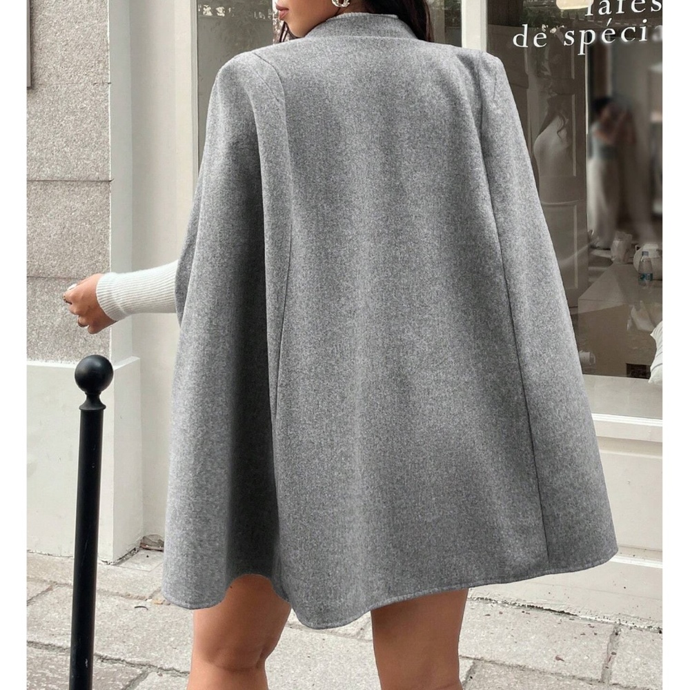 Plus Solid Button Detail Cape Jacket Coat - Picture 4 of 10